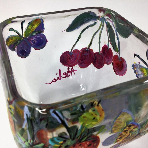 Rectangular Small 4" Glass Vase Hand Painted Butterflies Fruits Signed - Picture 2 of 4